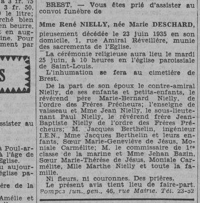 Avis de convoi de Mme René Nielly, née Marie Deschard, décédée le 23 juin 1935